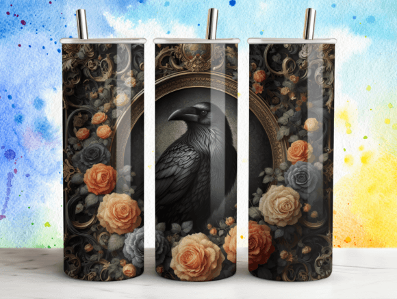 Gothic Raven Roses Halloween Tumbler PNG