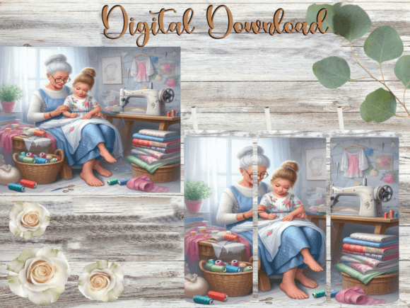 Sewing Grandmother and Granddaughter