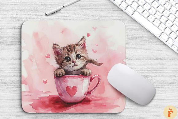 Watercolor Kawaii Kitty in Cup Mouse Pad